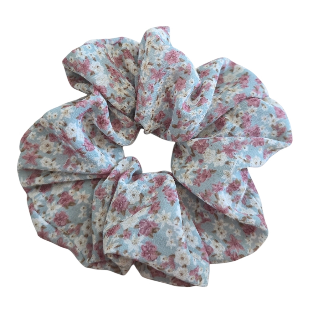 2/$5 Scrunchies (Add To Your Bundle) XL Blue Floral‎ Chiffon Hair Tie Scrunchie